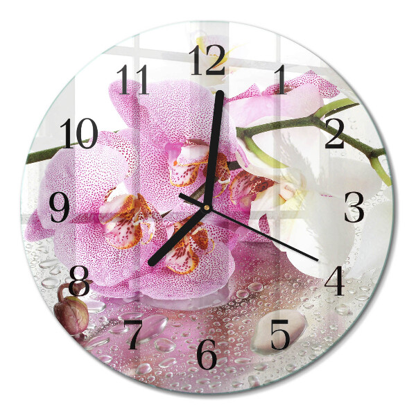 Runde wanduhr aus glas Orchidee