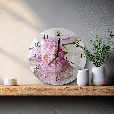 Runde wanduhr aus glas Orchidee