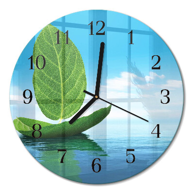 Runde wanduhr aus glas Blätter