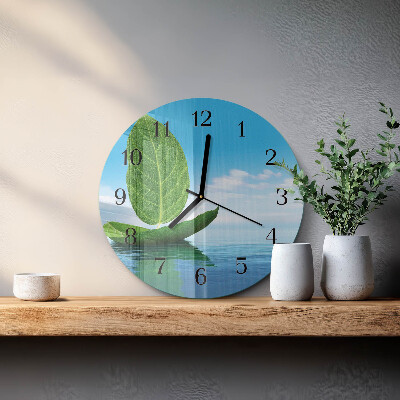 Runde wanduhr aus glas Blätter