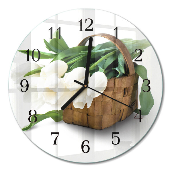 Wanduhr glas rund Korb mit Tulpen