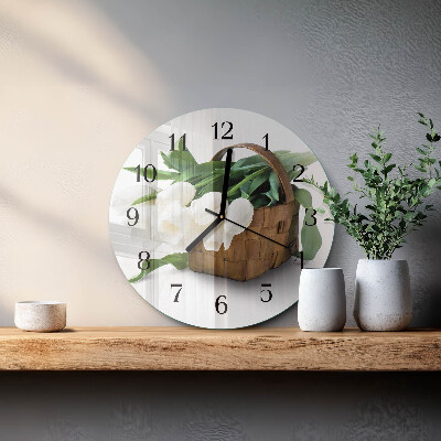 Wanduhr glas rund Korb mit Tulpen