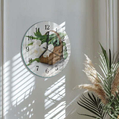 Wanduhr glas rund Korb mit Tulpen