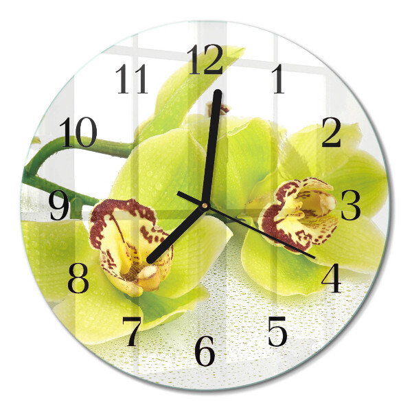 Runde wanduhr aus glas Orchidee