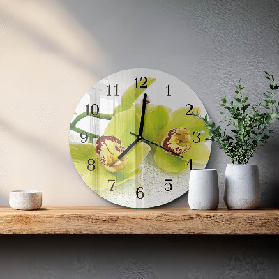 Runde wanduhr aus glas Orchidee