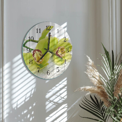 Runde wanduhr aus glas Orchidee
