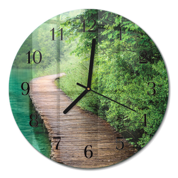 Glas wanduhr mit motiv rund Holzsteg