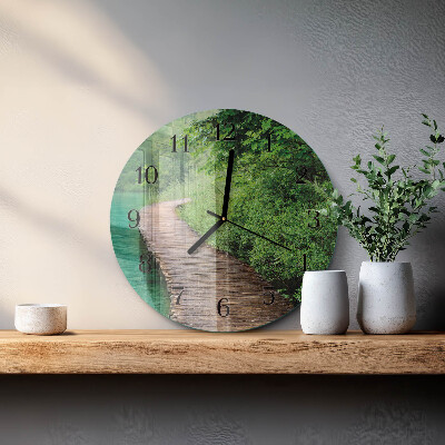 Glas wanduhr mit motiv rund Holzsteg