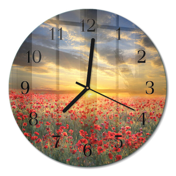 Wanduhr glas rund Mohnfeld