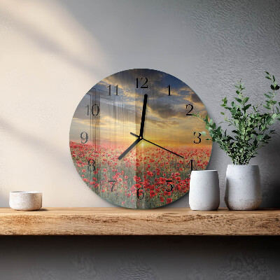 Wanduhr glas rund Mohnfeld