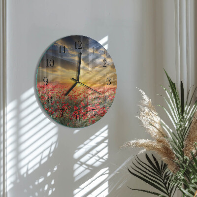 Wanduhr glas rund Mohnfeld