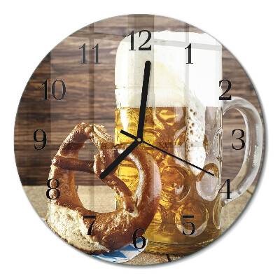 Wanduhr glas rund Brezel mit Bier