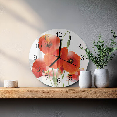 Runde wanduhr aus glas Mohnblumen