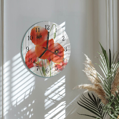 Runde wanduhr aus glas Mohnblumen